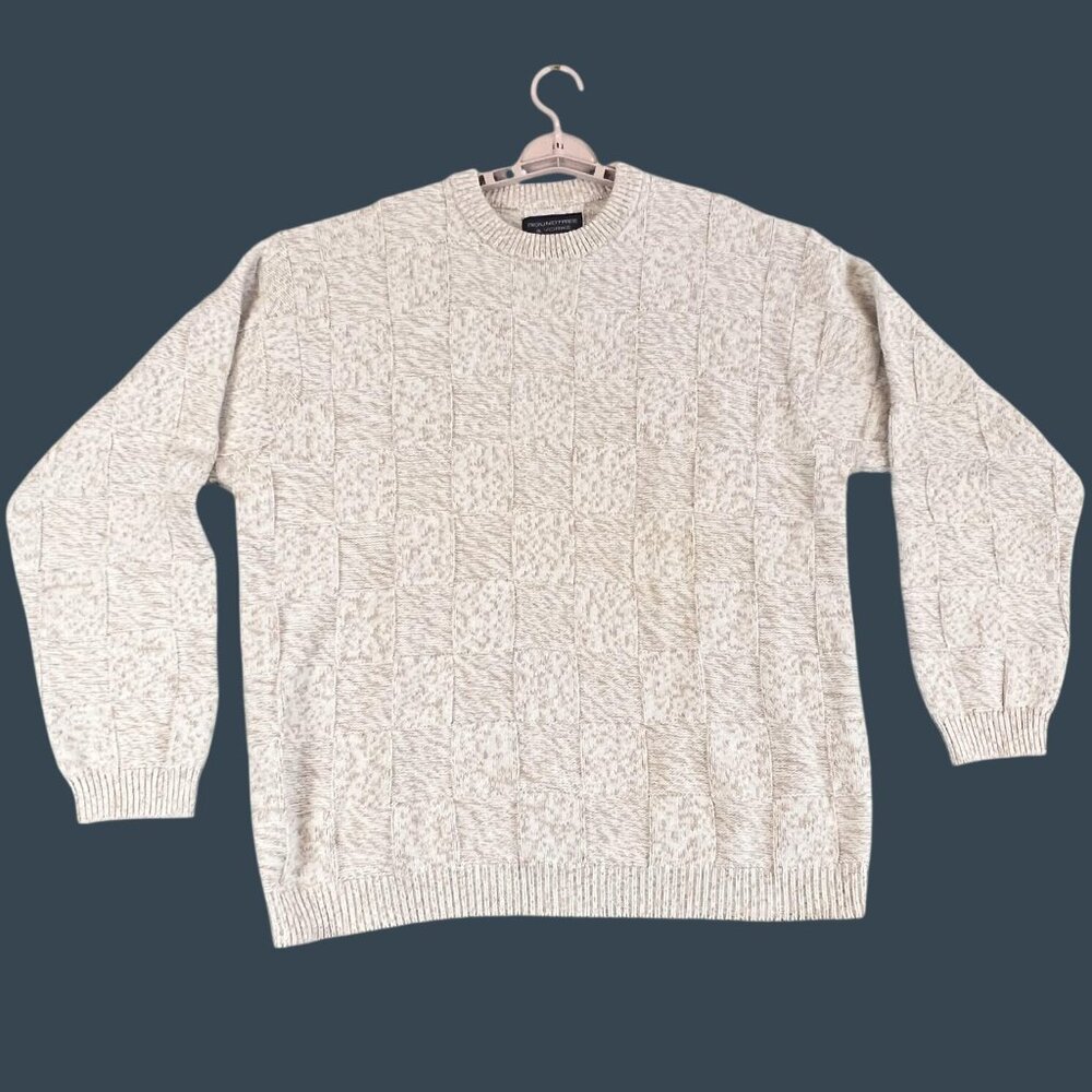 Vintage Roundtree & Yorke Mens XL Sweater Beige Cotton Checkerboard Crewneck